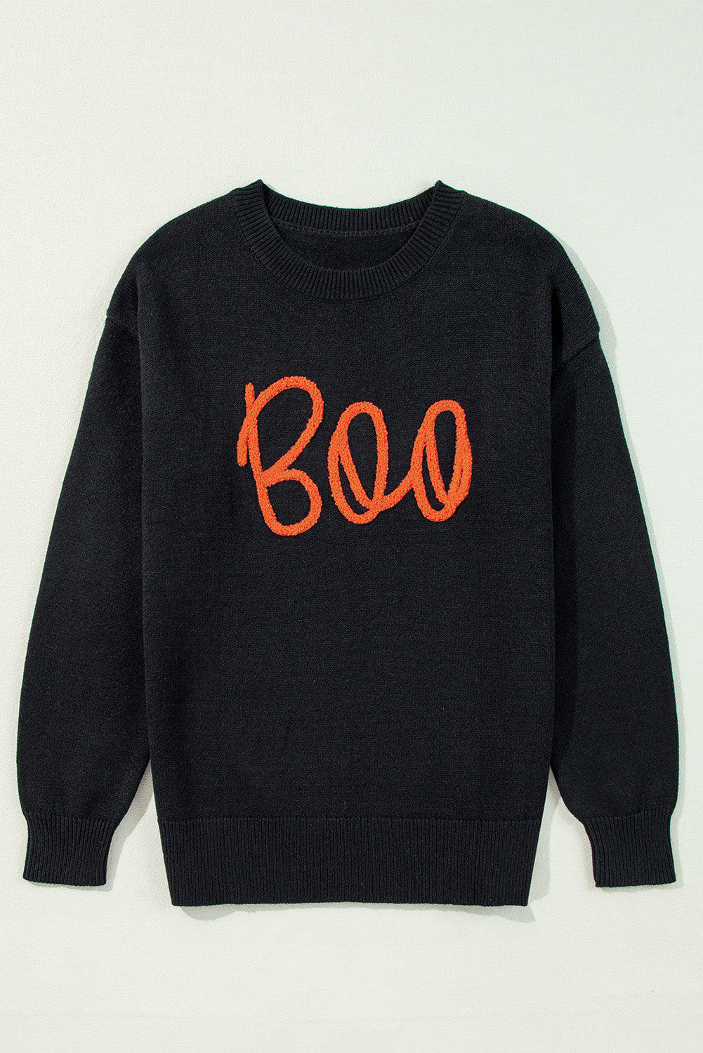 Black Boo Knitted Pattern Ribbed Edge Drop Shoulder Sweater Sweaters JT's Designer Fashion