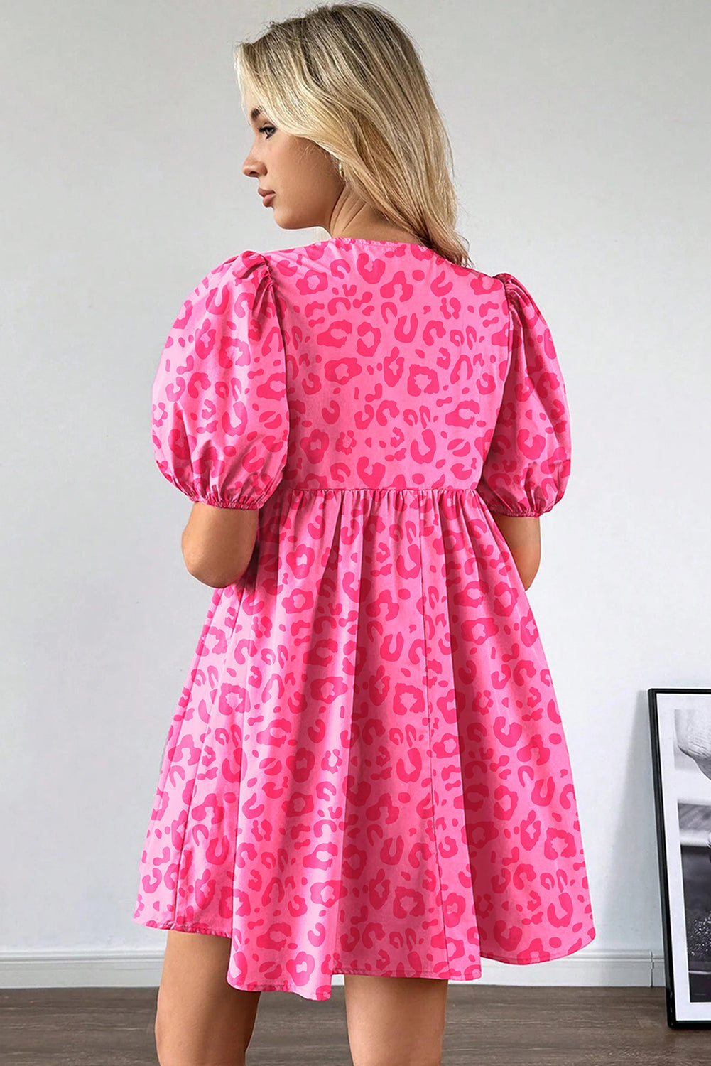 Rose Leopard Puff Sleeve Tie Front High Waist Mini Dress Mini Dresses JT's Designer Fashion