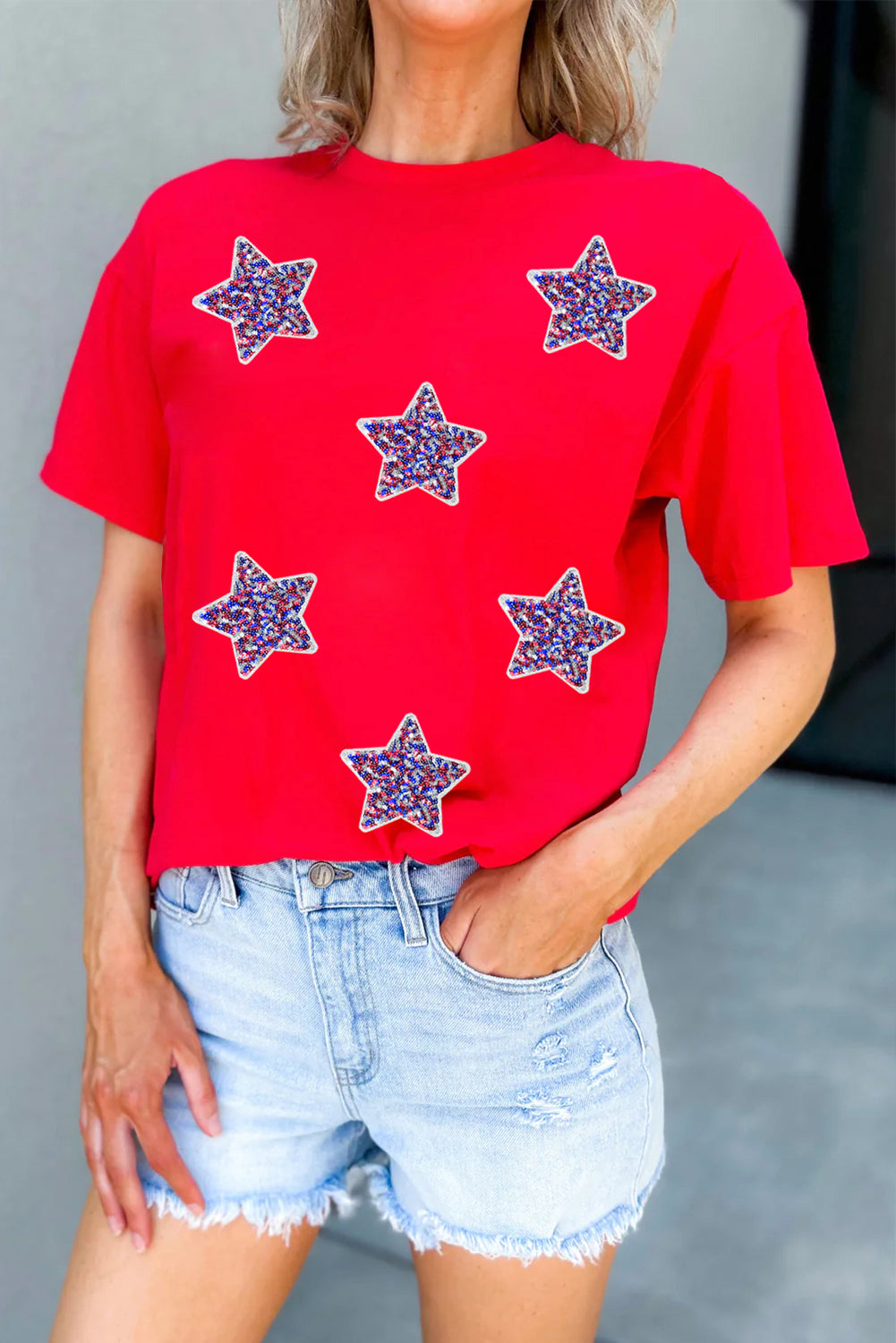 Red July 4th Fashion Sequin Star Graphic T Shirt Graphic Tees JT's Designer Fashion