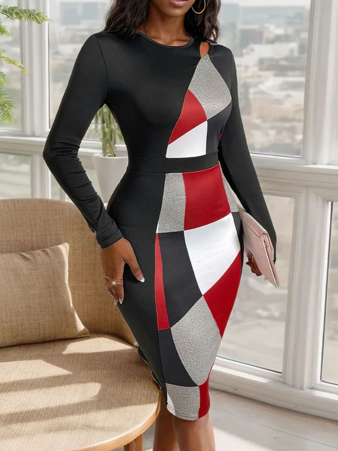 Cutout Color Block Round Neck Long Sleeve Dress Bodycon Dresses JT's Designer Fashion