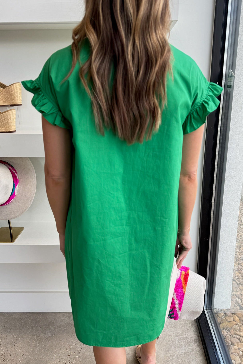 Bright Green Shirred Ruffle Sleeve Button Up Short Dress Dresses JT's Designer Fashion