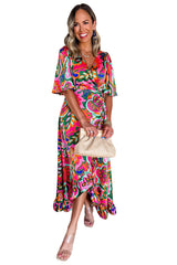 Rose Summer Plant Print Surpliced V Neck Ruffled Asymmetric Slit Wide Short Sleeve Maxi Dress Dresses JT's Designer Fashion