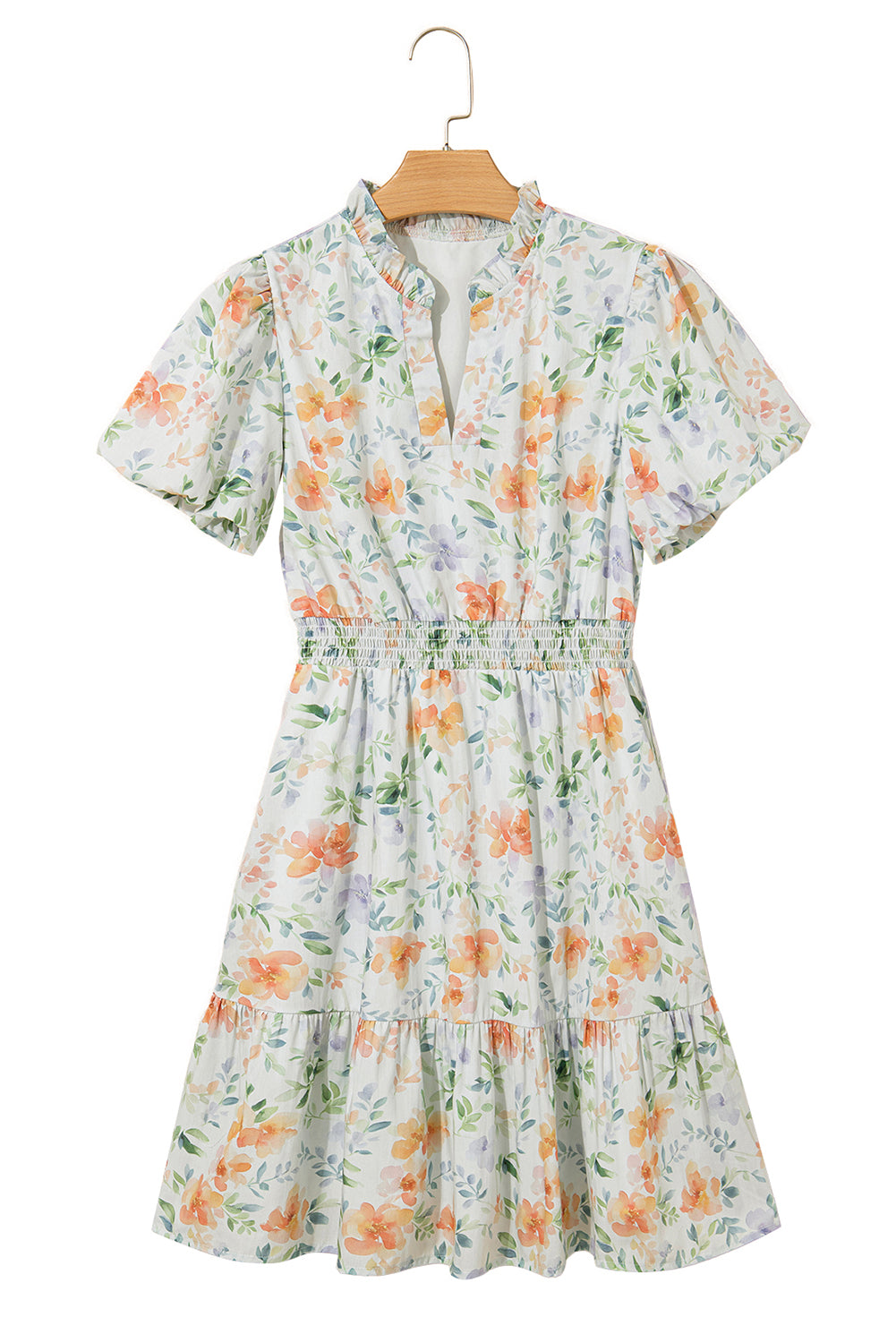 Beige Floral Print Shirred High Waist Puff Sleeve Mini Dress Floral Dresses JT's Designer Fashion