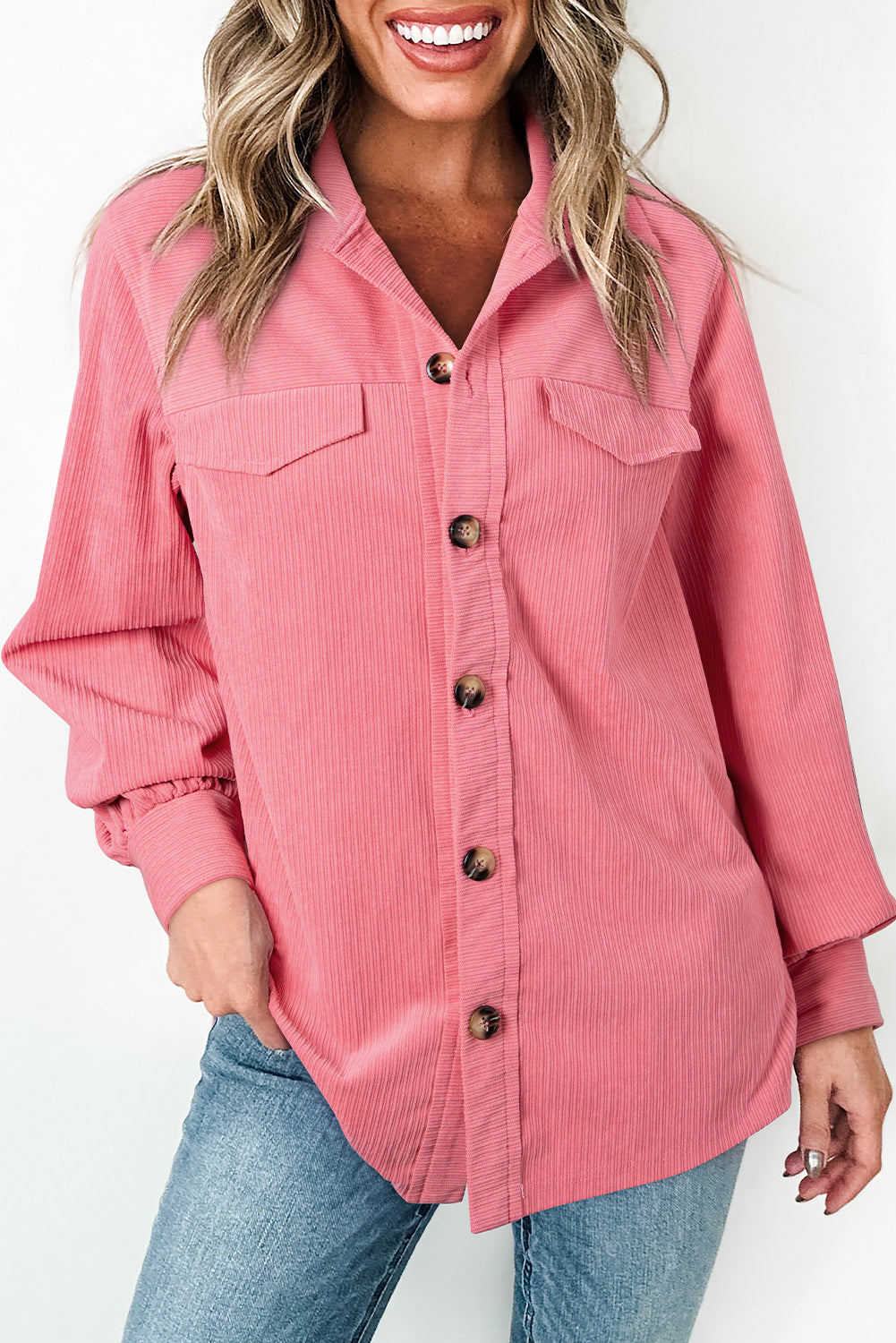 Bonbon Corduroy Flap Detail Button Up Split Shacket Bonbon 100%Polyester Jackets JT's Designer Fashion