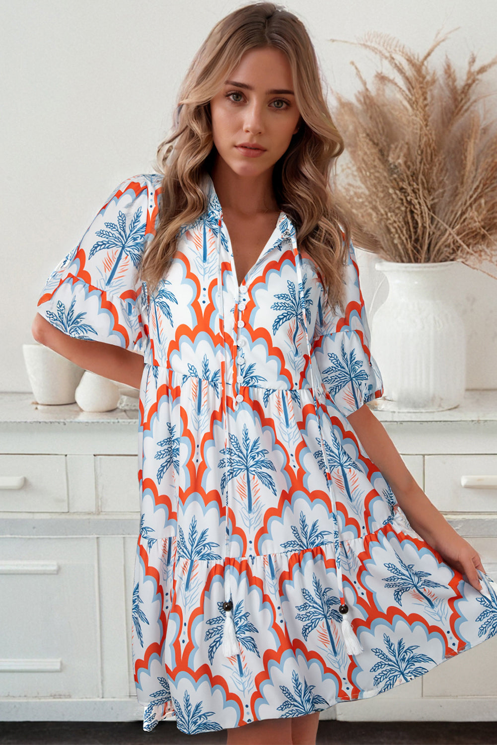 Orange Contrast Palm Tree Printed Short Sleeve Flowy Dress Mini Dresses JT's Designer Fashion