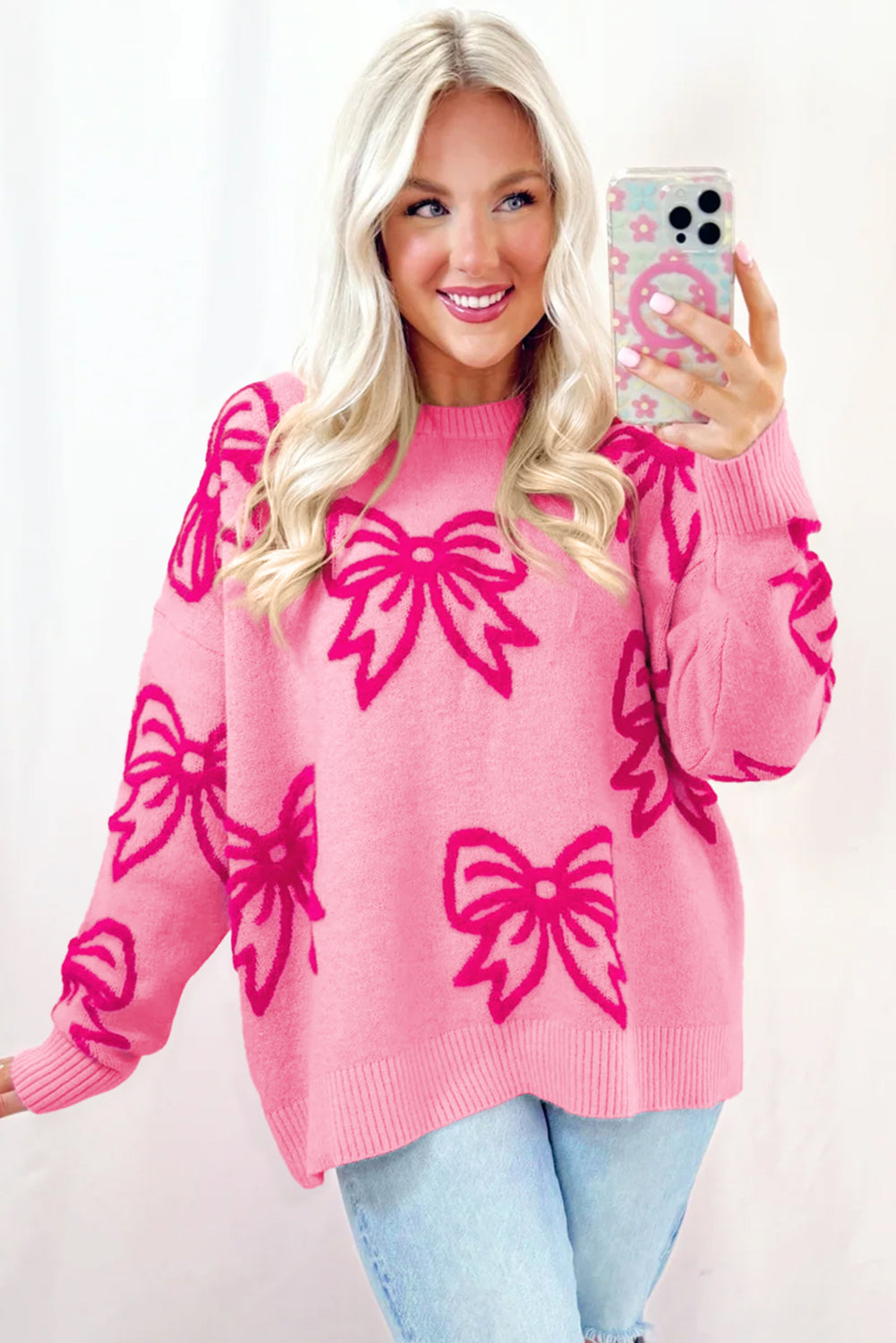 Pink Bow Pattern Drop Shoulder Loose Sweater Sweaters JT's Designer Fashion