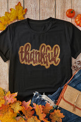 Black Sequined Thankful Round Neck Graphic Tee Graphic Tees JT's Designer Fashion