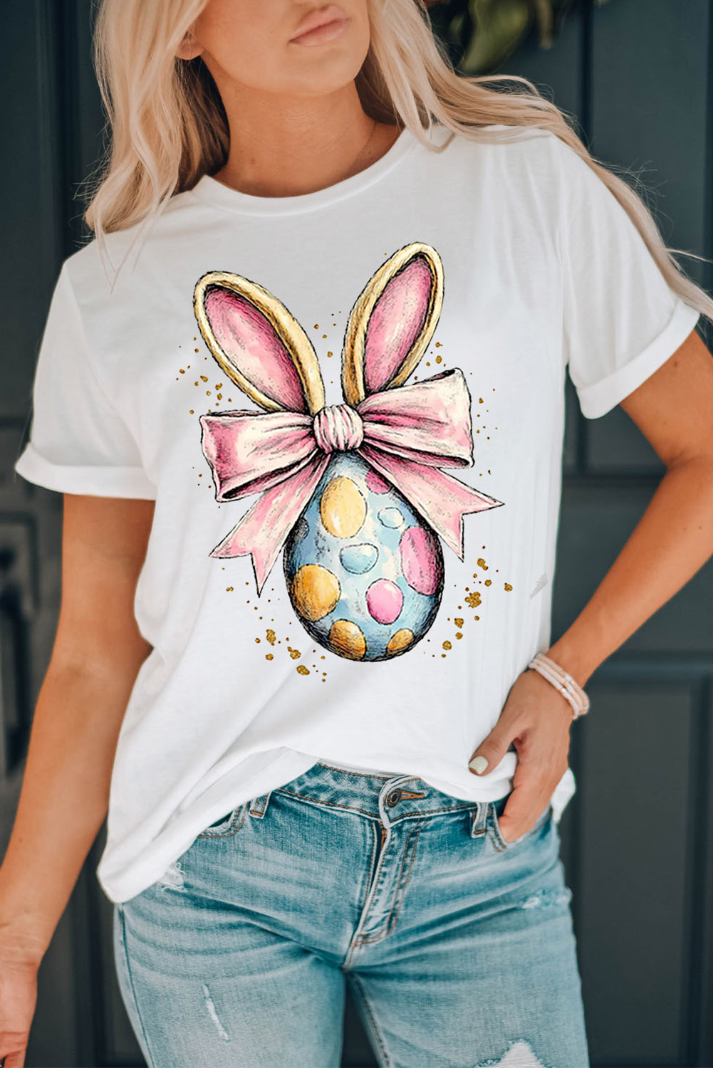 White Easter Egg Bow Bunny Ear Printed T Shirt Graphic Tees JT's Designer Fashion