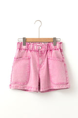 Strawberry Pink Elastic High Waisted Denim Shorts Denim Shorts JT's Designer Fashion