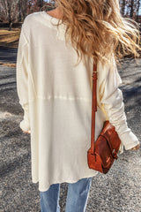 White Waffle Knit Exposed Seam V Neck Oversized Top Long Sleeve Tops JT's Designer Fashion
