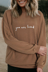 Khaki You Are Loved Print Corduroy Sweatshirt Sweatshirts & Hoodies JT's Designer Fashion