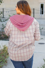 Bonbon Plaid Print Drawstring Hooded Button-up Plus Size Shirt Plus Size Blouses & Shirts JT's Designer Fashion