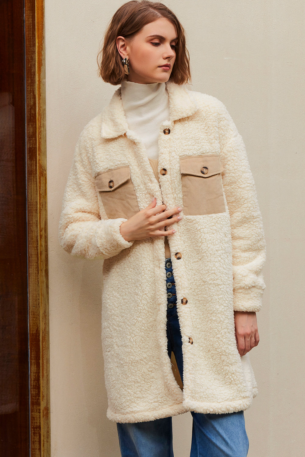 Beige Contrast Flap Pocket Single Breasted Teddy Coat Coats JT's Designer Fashion