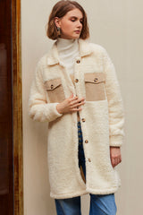 Beige Contrast Flap Pocket Single Breasted Teddy Coat Coats JT's Designer Fashion