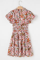 Pink Floral Print Puff Sleeve Shirred High Waist Mini Dress Floral Dresses JT's Designer Fashion