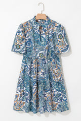Blue Bohemian Paisley Floral V Neck Short Sleeve Mini Dress Floral Dresses JT's Designer Fashion