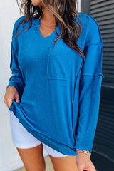 Blue Ribbed Exposed Seam Knit V Neck Long Sleeve Top Long Sleeve Tops JT's Designer Fashion