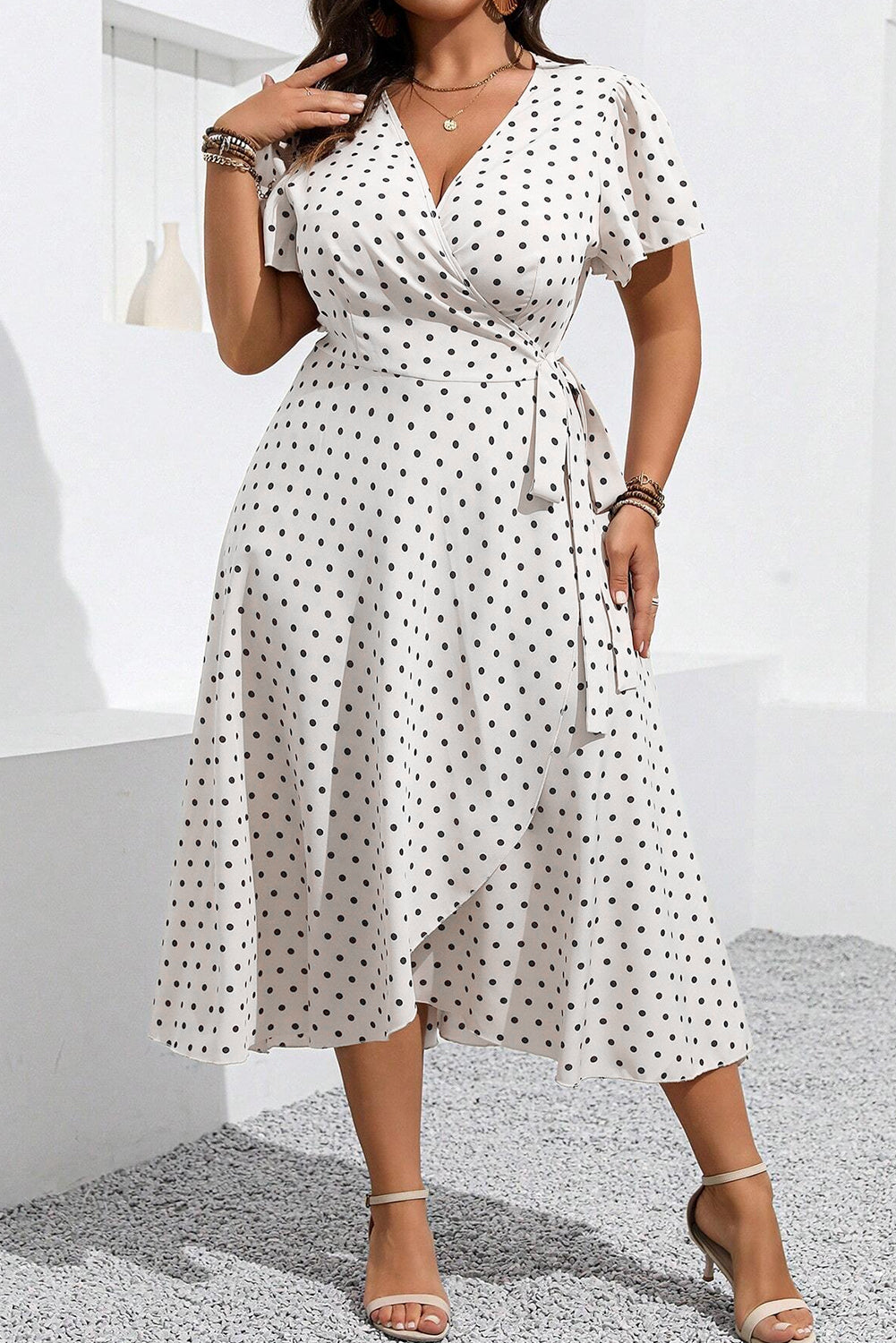 Khaki Polka Dot Surplice V Neck Tied Waist Flutter Sleeve Flowy Plus Size Midi Dress Plus Size Midi Dresses JT's Designer Fashion