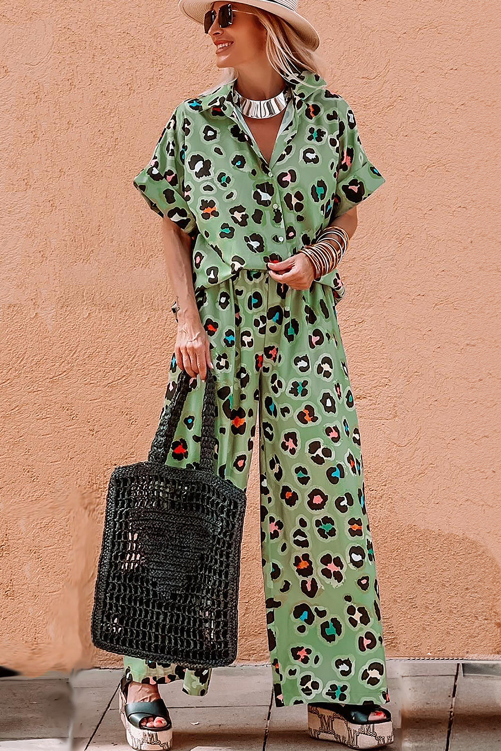 Green Leopard Print Short Sleeve Shirt and Wide Leg Pants Set Pant Sets JT's Designer Fashion