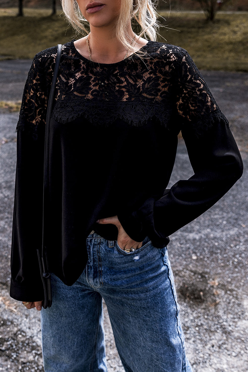 Black Lace Crochet Patchwork O Neck Long Sleeve Top Long Sleeve Tops JT's Designer Fashion