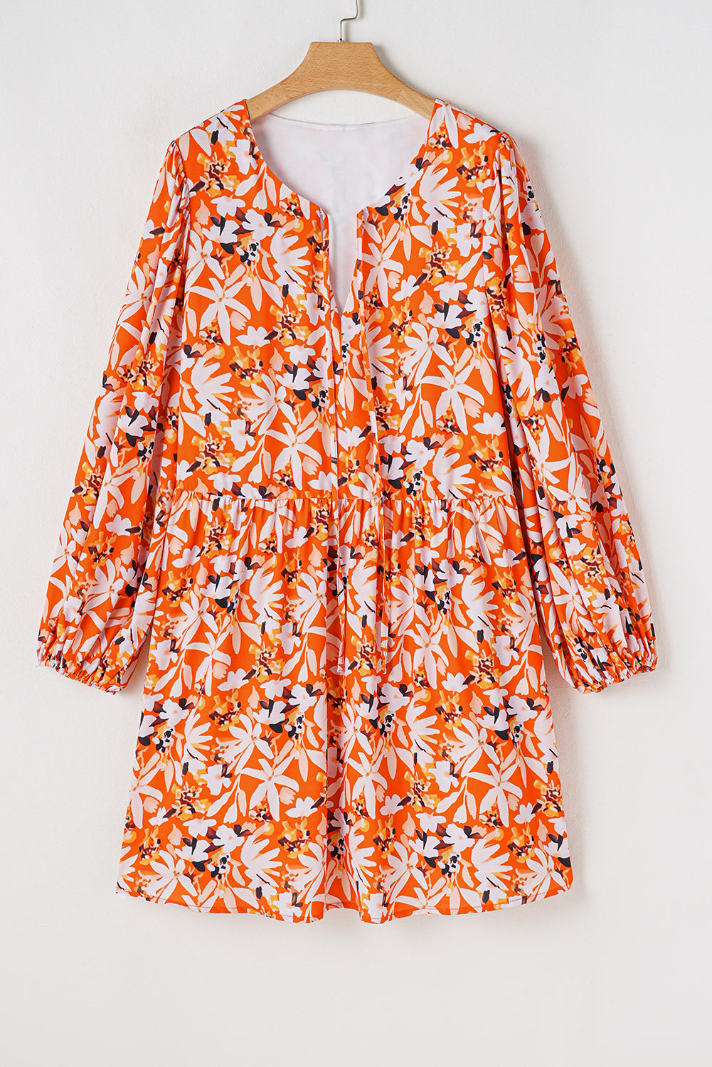 Orange Floral Print Split V Neck Bubble Sleeve Plus Size Midi Dress Plus Size Midi Dresses JT's Designer Fashion