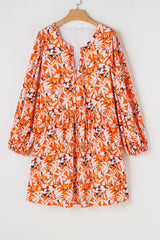 Orange Floral Print Split V Neck Bubble Sleeve Plus Size Midi Dress Plus Size Midi Dresses JT's Designer Fashion