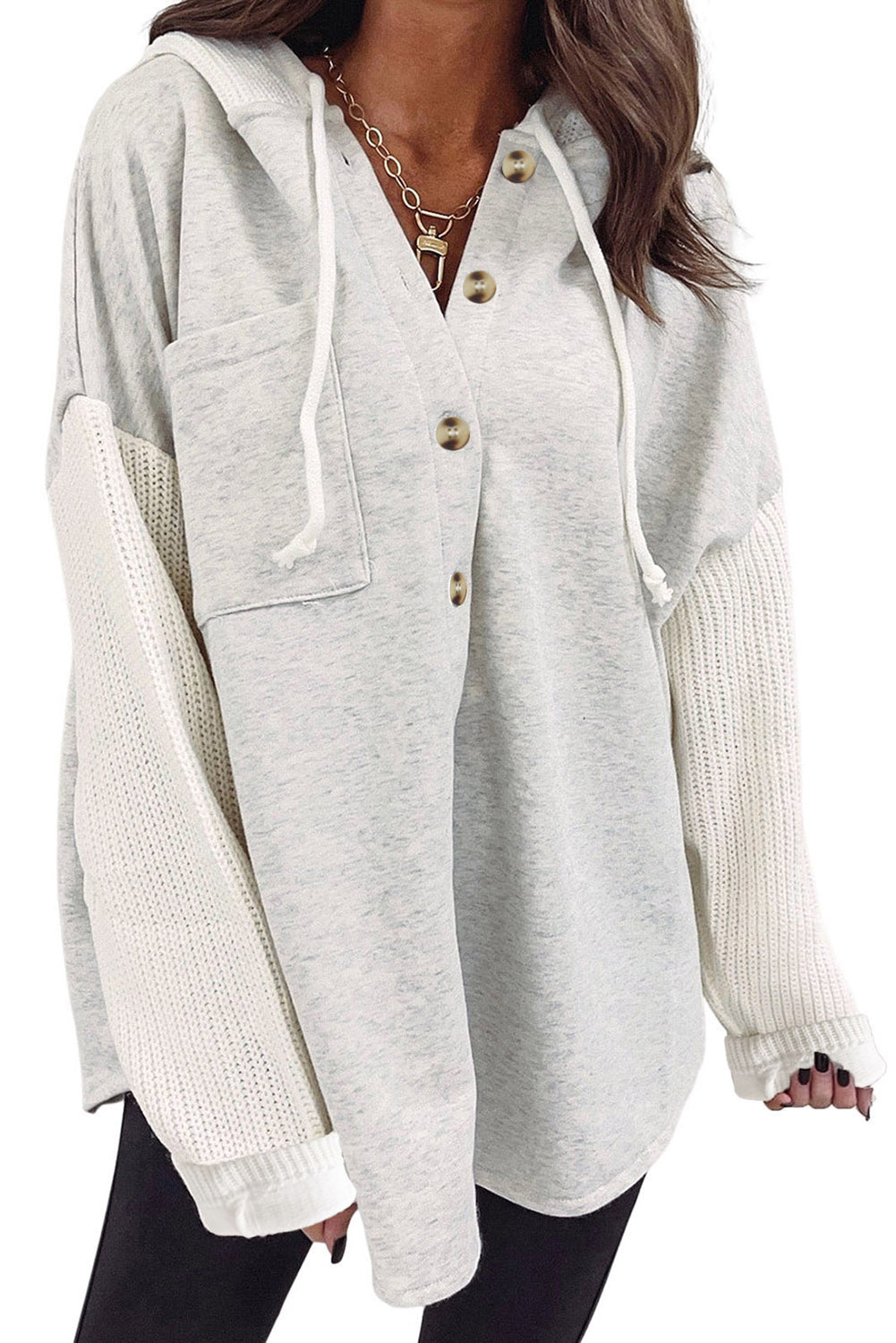 Gray Button Up Contrast Knitted Sleeves Hooded Jacket Jackets JT's Designer Fashion