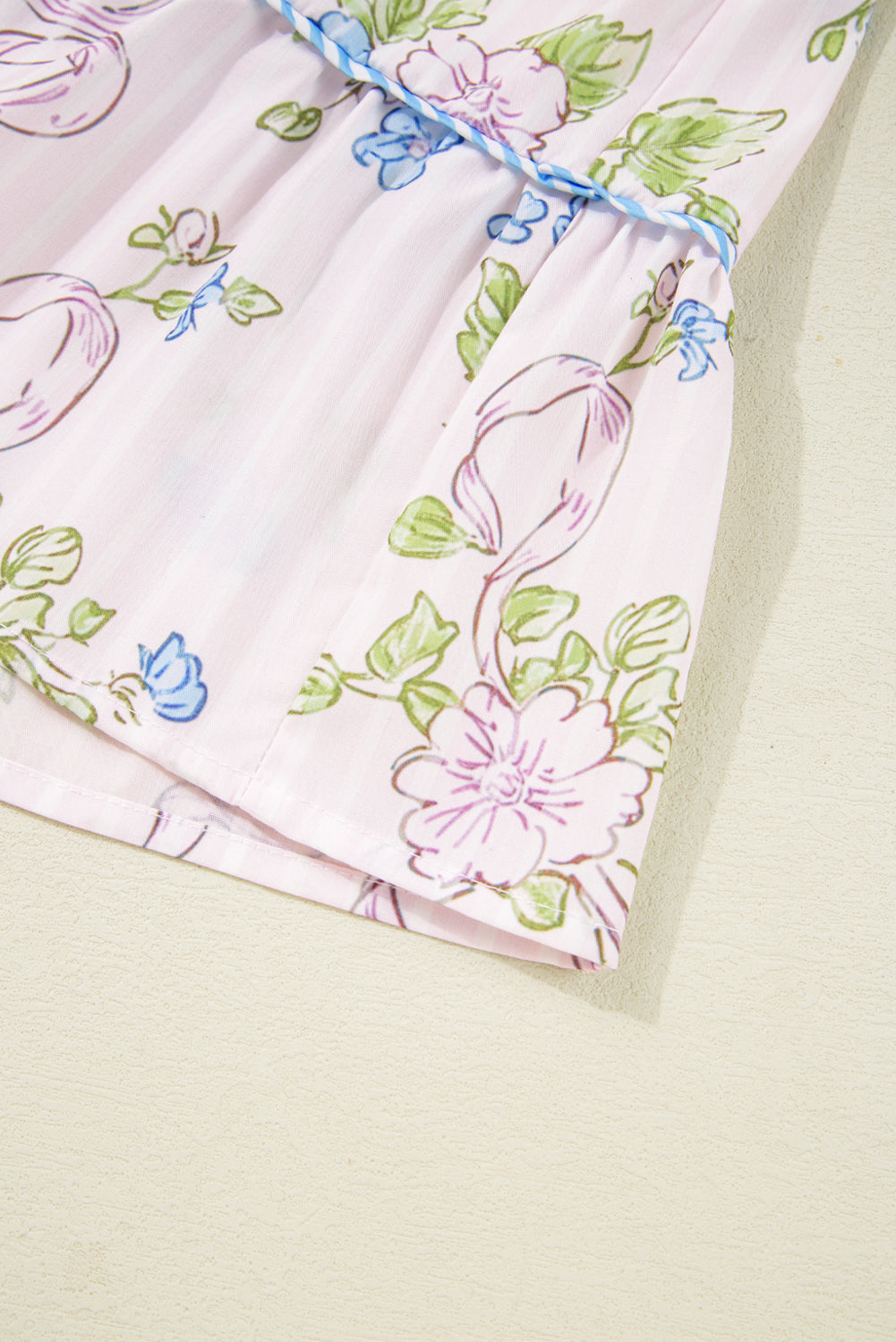 Pink Floral Striped Print Contrast Trim Tie Split Neck Mini Dress Dresses JT's Designer Fashion