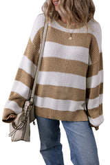 Light French Beige Colorblock Striped Drop Shoulder Side Slit Sweater Sweaters JT's Designer Fashion