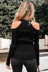 Black Ribbed Knit Cold Shoulder Choker Neck Sweater Sweaters JT's Designer Fashion