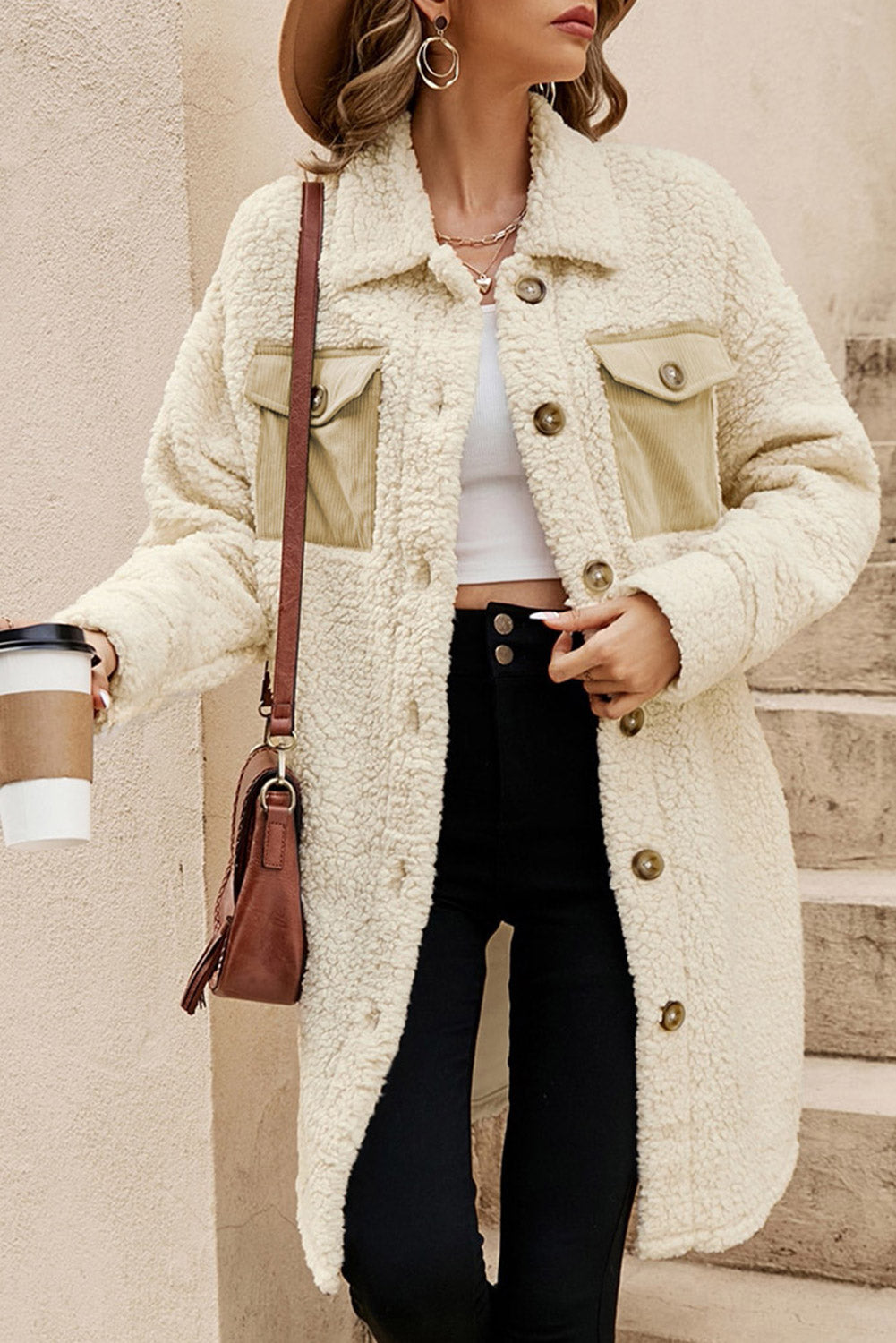 Beige Contrast Flap Pocket Single Breasted Teddy Coat Beige 100%Polyester Coats JT's Designer Fashion