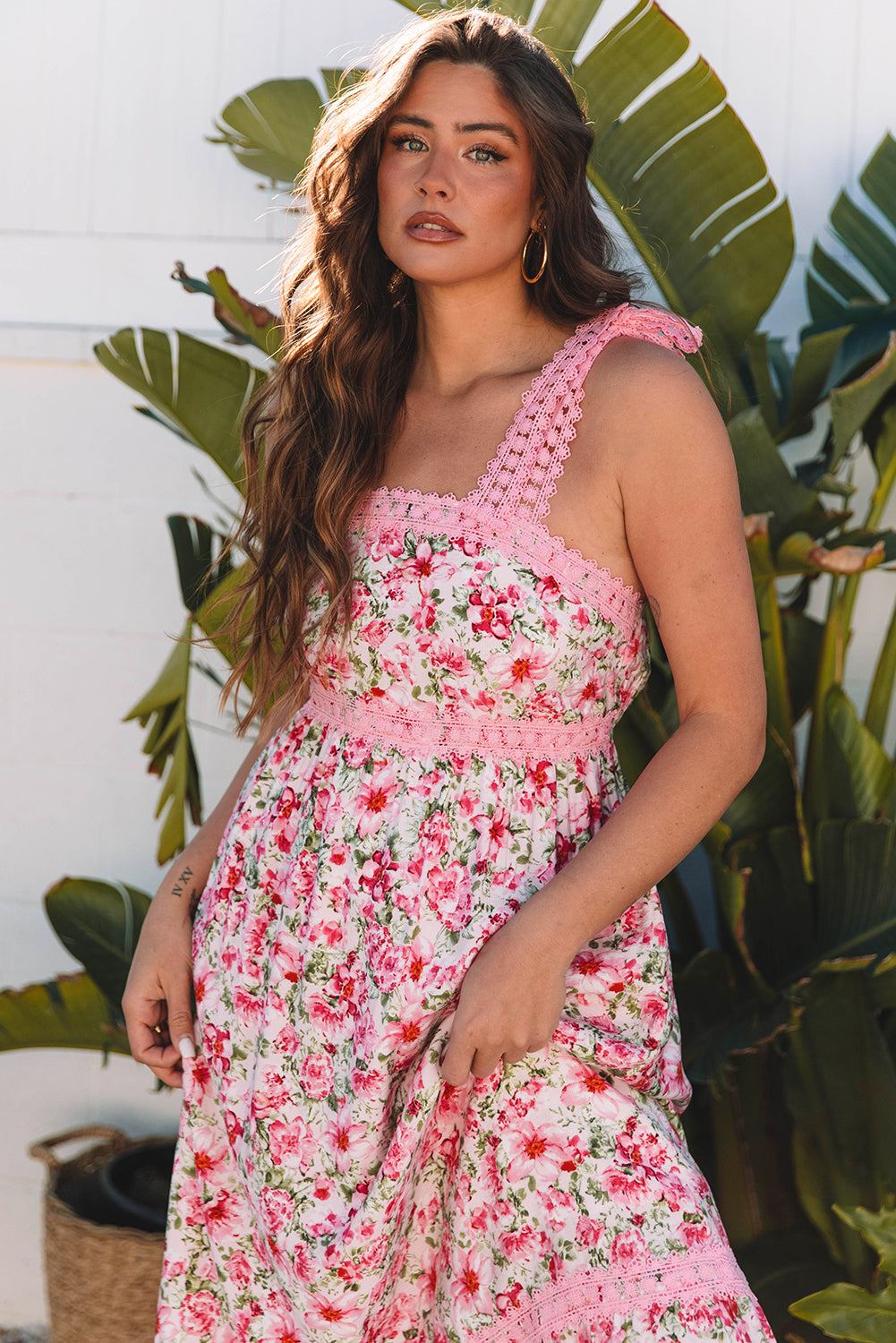Pink Floral Lace Tied Strap Empire Waist Maxi Dress Floral Dresses JT's Designer Fashion