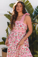 Pink Floral Lace Tied Strap Empire Waist Maxi Dress Floral Dresses JT's Designer Fashion
