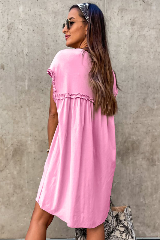 Pink Frilled Trim Crew Neck Loose Fit Mini Dress Mini Dresses JT's Designer Fashion