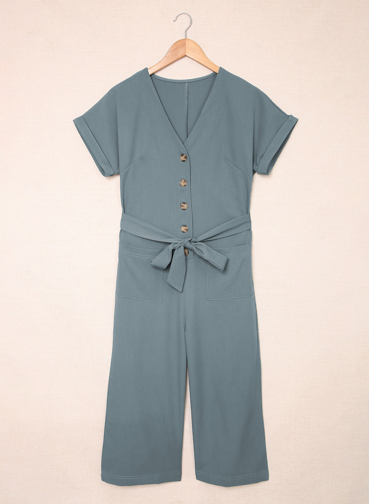 Blue Dolman Button Belted V Neck Wide Leg Pocketed Jumpsuit Jumpsuits & Rompers JT's Designer Fashion