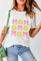 White Bow Tie Baseball Print Round Neck Casual Tee Graphic Tees JT's Designer Fashion