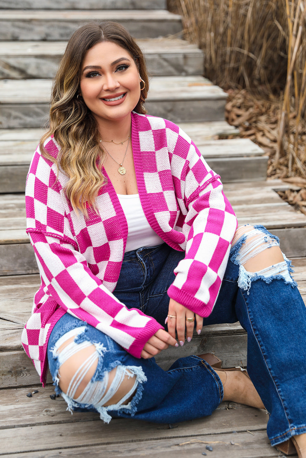 Bonbon Checkered Pattern Open Front Plus Size Cardigan Plus Size Sweaters & Cardigans JT's Designer Fashion