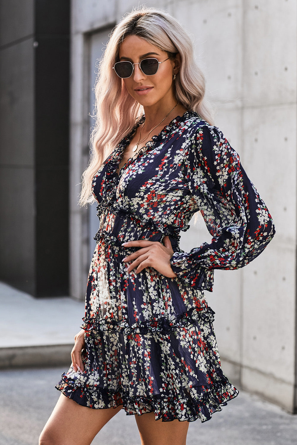 Blue Ruffle Detailing Open Back Floral Dress Floral Dresses JT's Designer Fashion