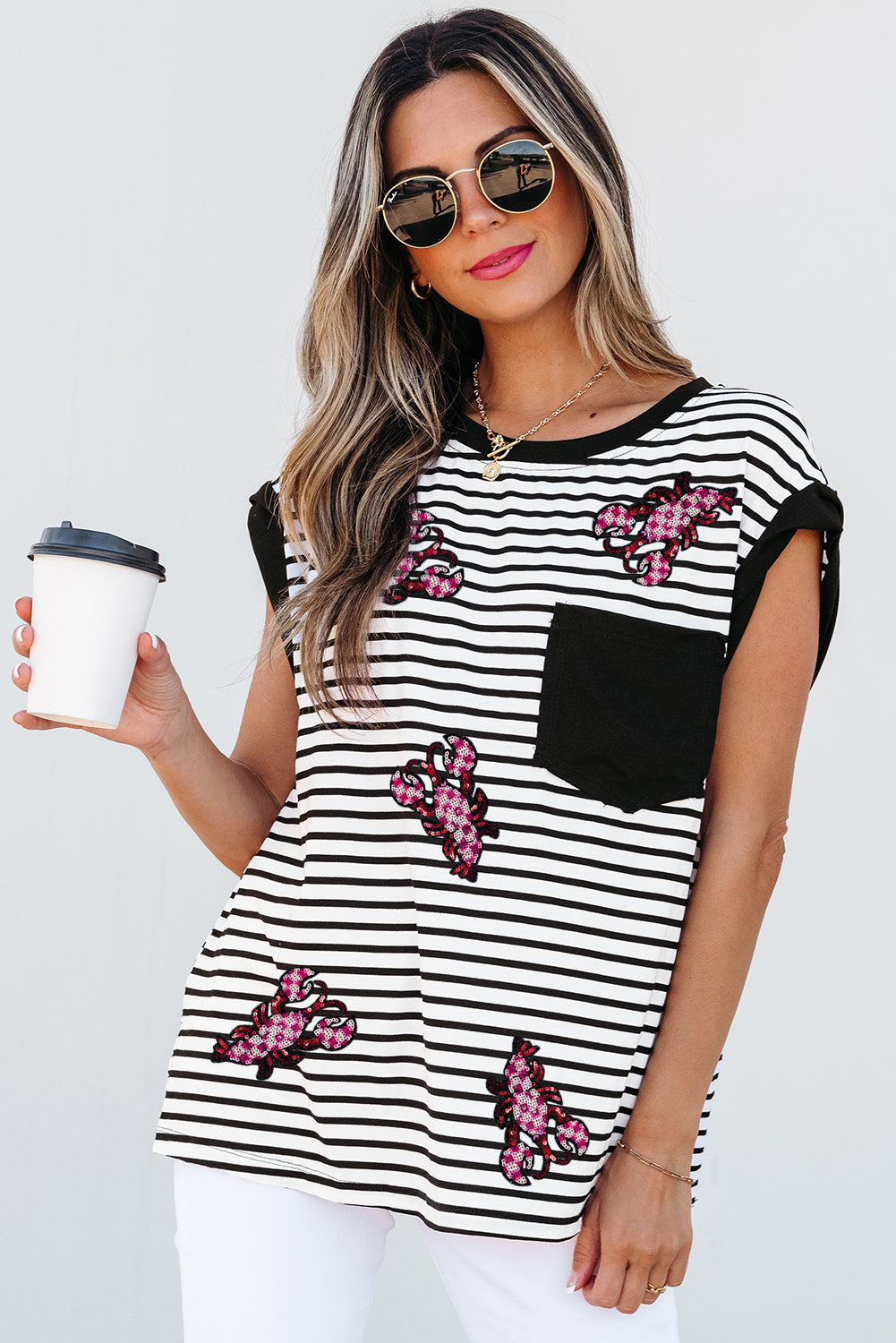 Black Stripe Sequined Lobster Patched Pocket Casual Tank Top Graphic Tees JT's Designer Fashion