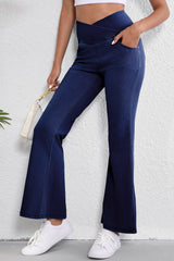 Dusk Blue Solid Crossed Waist High Elastic Fit Flare Knit Jeans Jeans JT's Designer Fashion