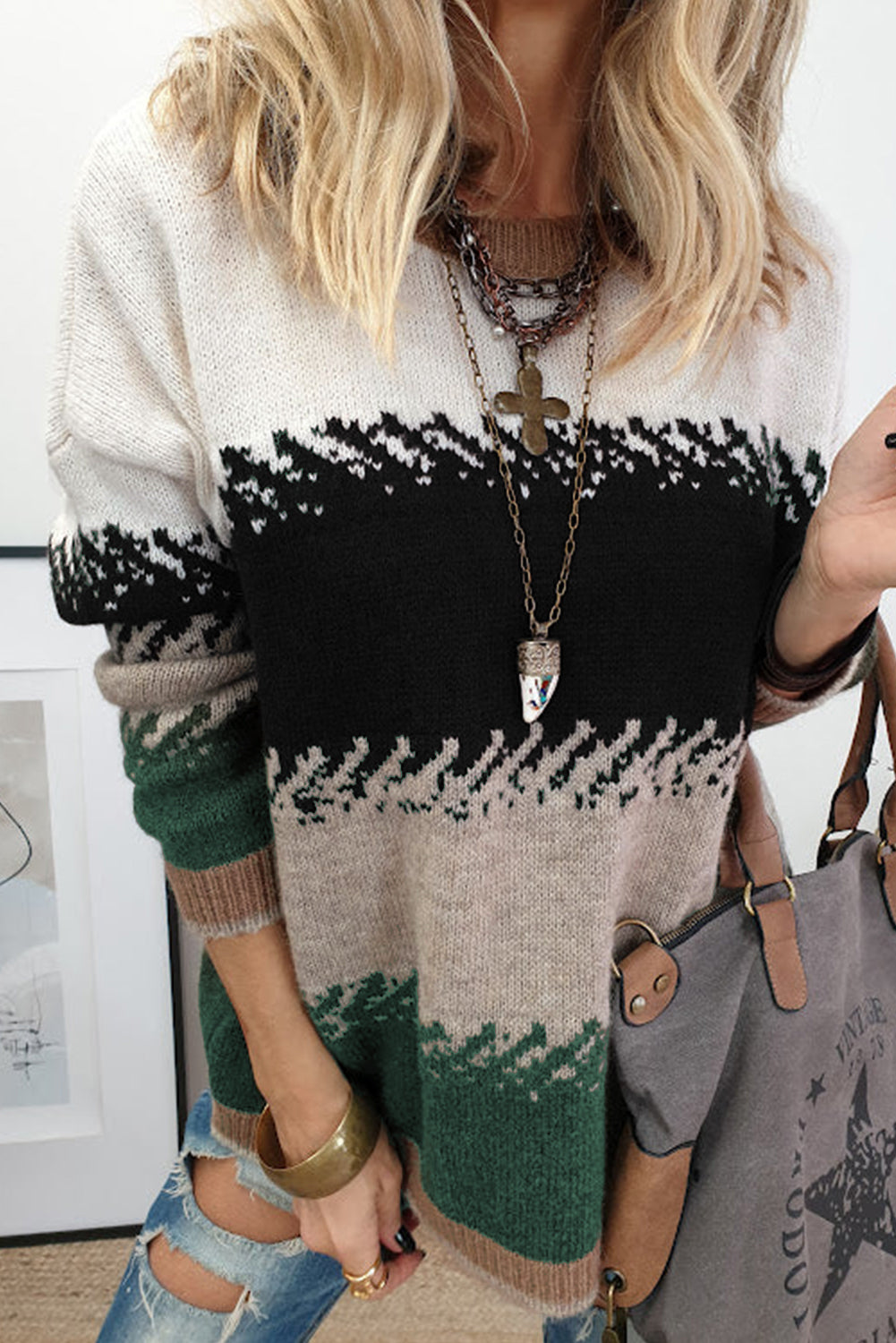 Black Stylish Color Block Pattern Drop Shoulder Sweater Black 52%Viscose+26%Polyester+22%Polyamide Sweaters JT's Designer Fashion
