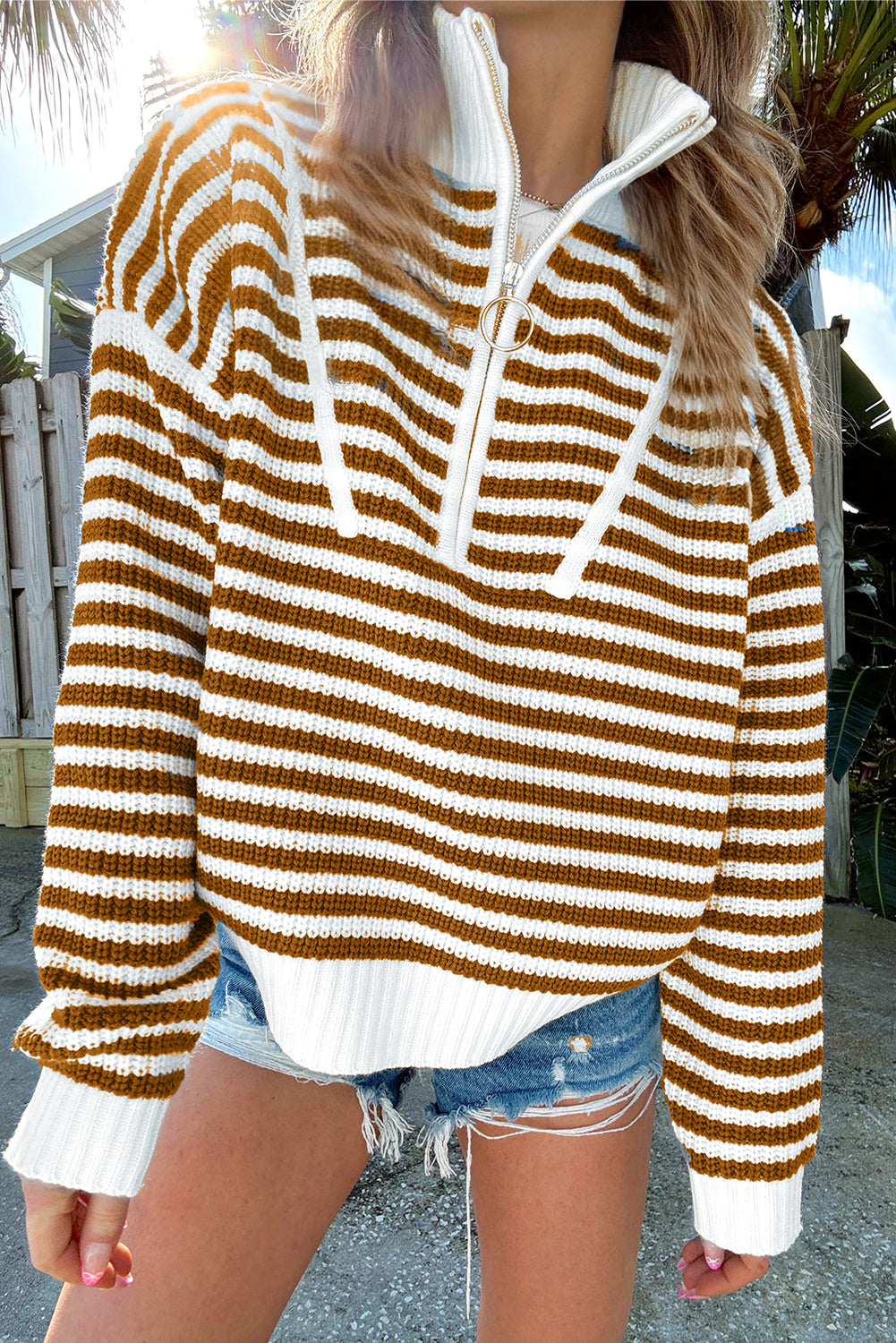 Khaki Stripe Zip up Collar Drop Shoulder Sweater Khaki Stripe 60%Cotton+40%Acrylic Sweaters JT's Designer Fashion