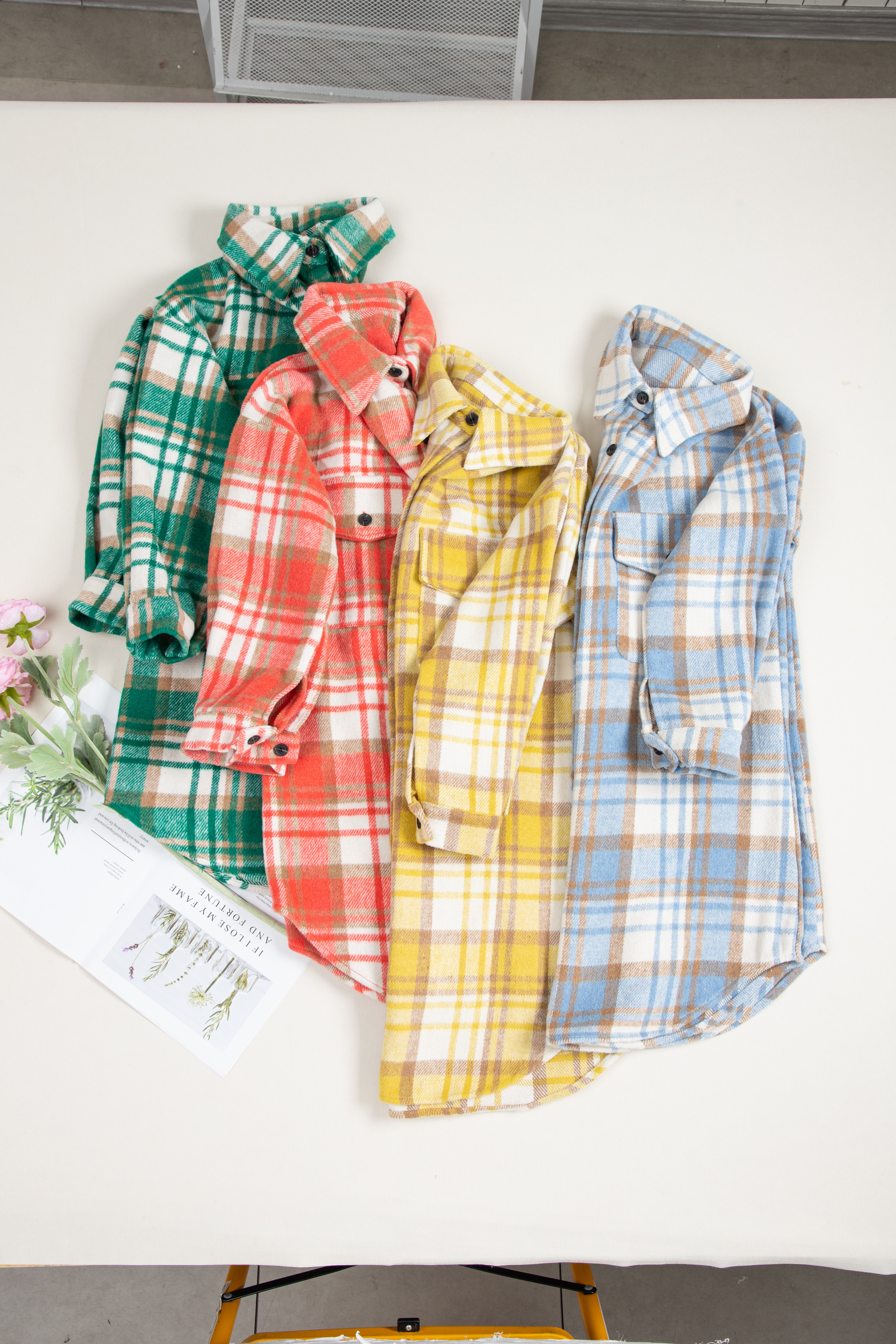 Yellow Plaid Flap Pocket Long Sleeve Shacket Plaid Shackets JT's Designer Fashion