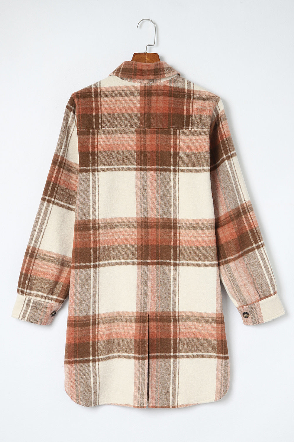 Brown Plaid Print Flap Pockets Long Shacket Plaid Shackets JT's Designer Fashion