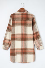 Brown Plaid Print Flap Pockets Long Shacket Plaid Shackets JT's Designer Fashion