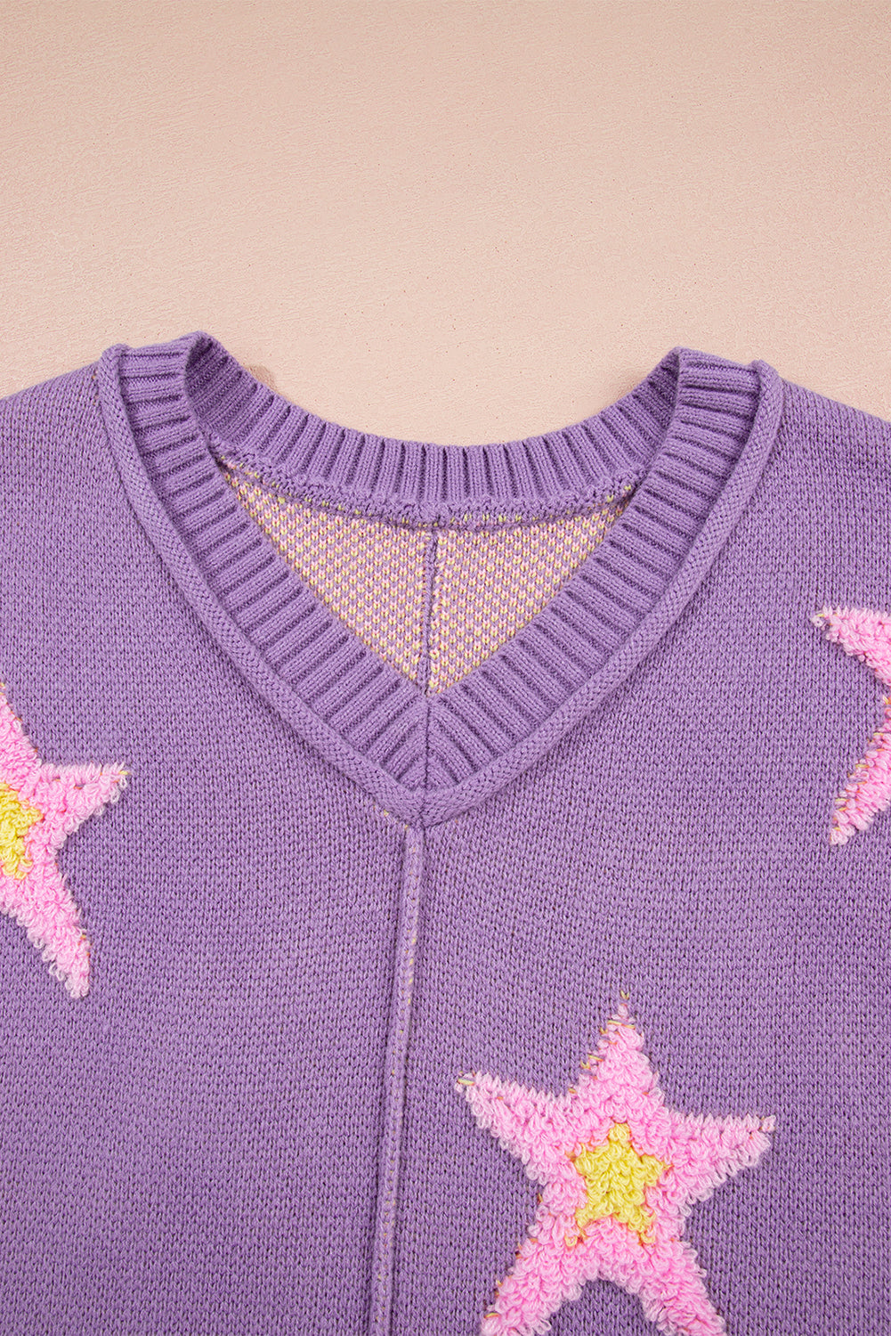 Lavendula Brushed Star Graphic V Neck Drop Shoulder Oversize Sweater Sweaters JT's Designer Fashion
