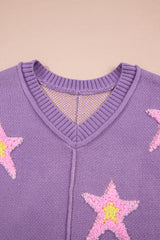 Lavendula Brushed Star Graphic V Neck Drop Shoulder Oversize Sweater Sweaters JT's Designer Fashion