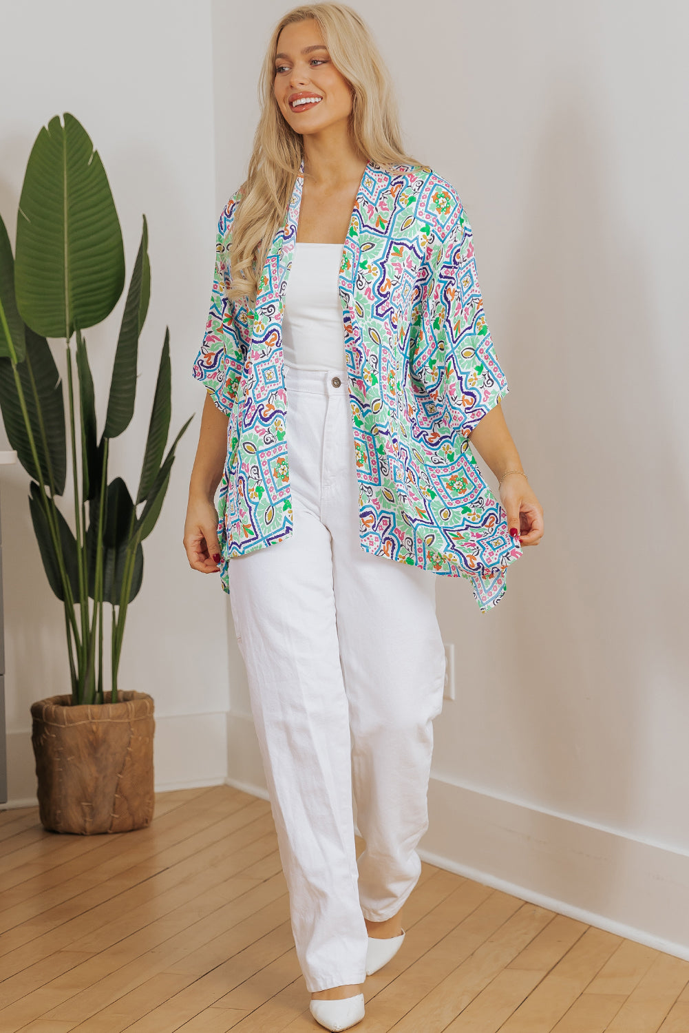 White Boho Floral Printed Rhinestone 3/4 Sleeve Open Front Kimono Kimonos JT's Designer Fashion