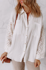 White Cotton Gauze Lace Patchwork Long Sleeve Shirt Blouses & Shirts JT's Designer Fashion