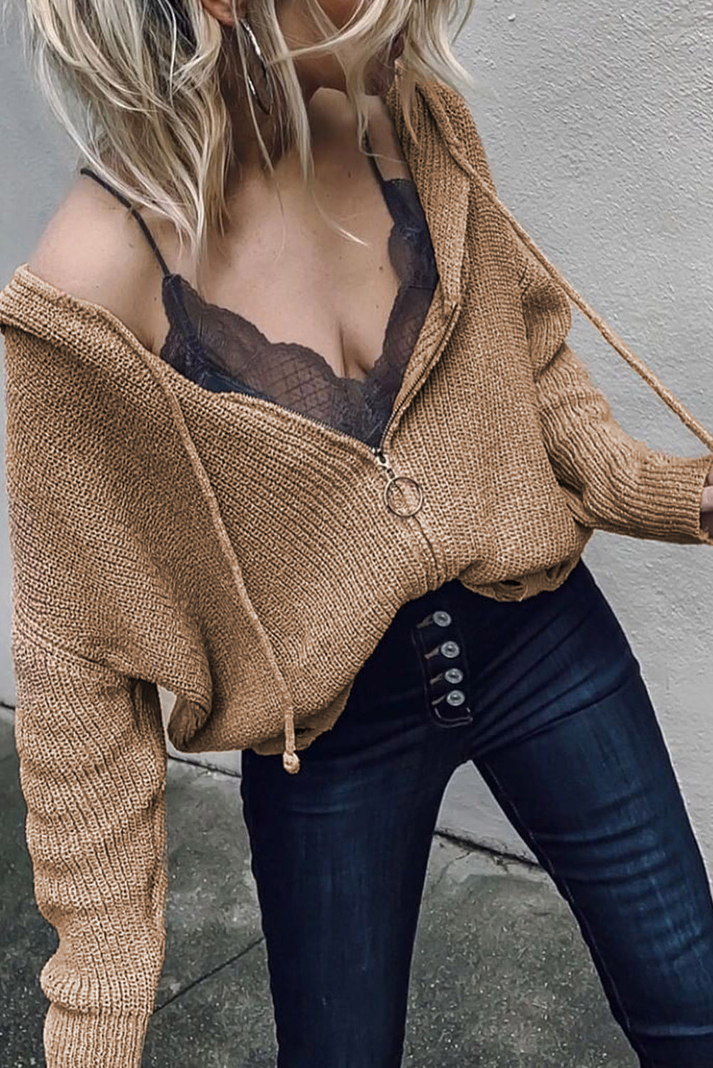 Khaki Zipper V-neck Dropped Sleeve Hooded Solid Sweater Sweaters & Cardigans JT's Designer Fashion